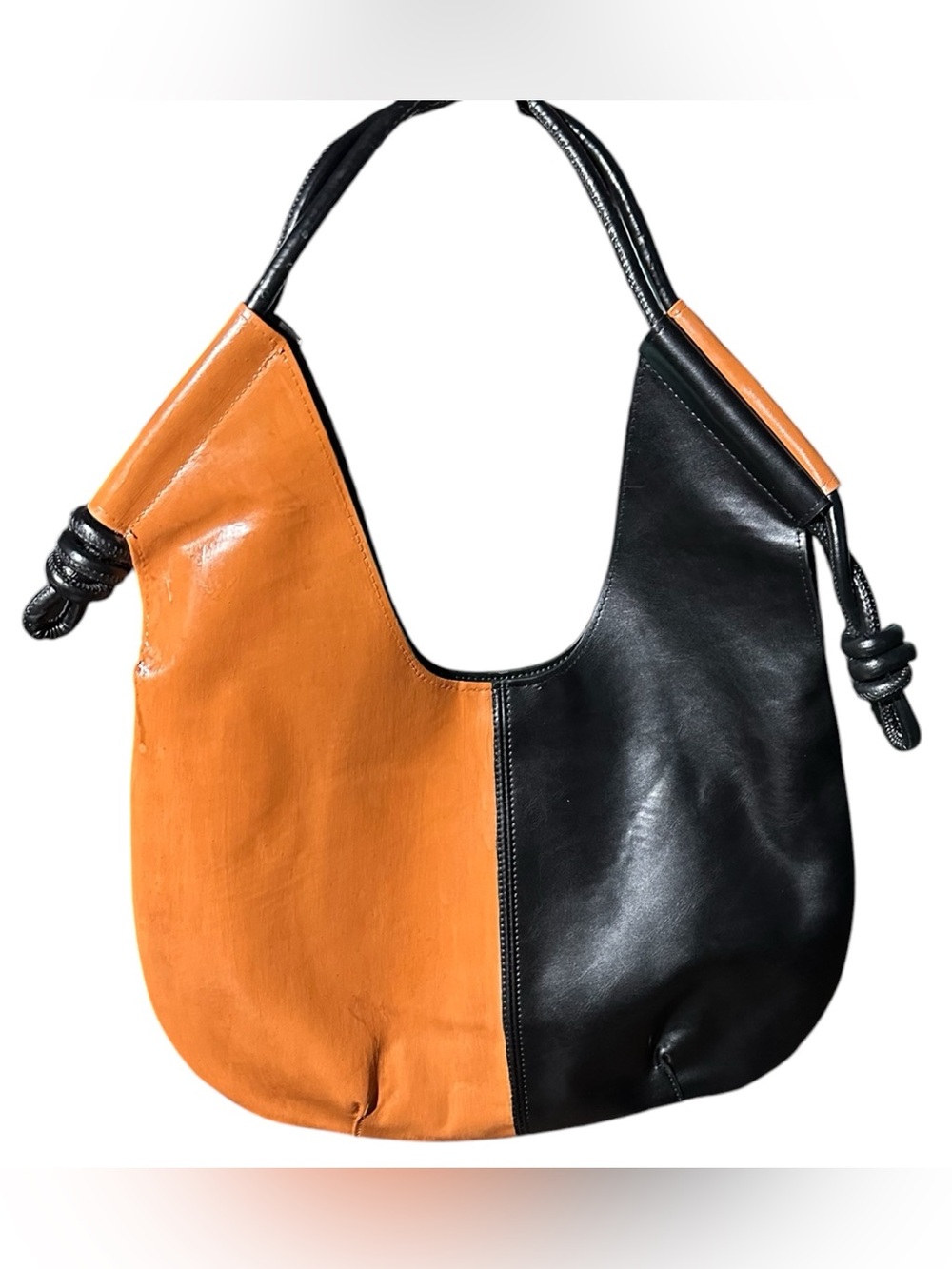 Two-Tone Orange and Black Pu Leather Hobo Bag